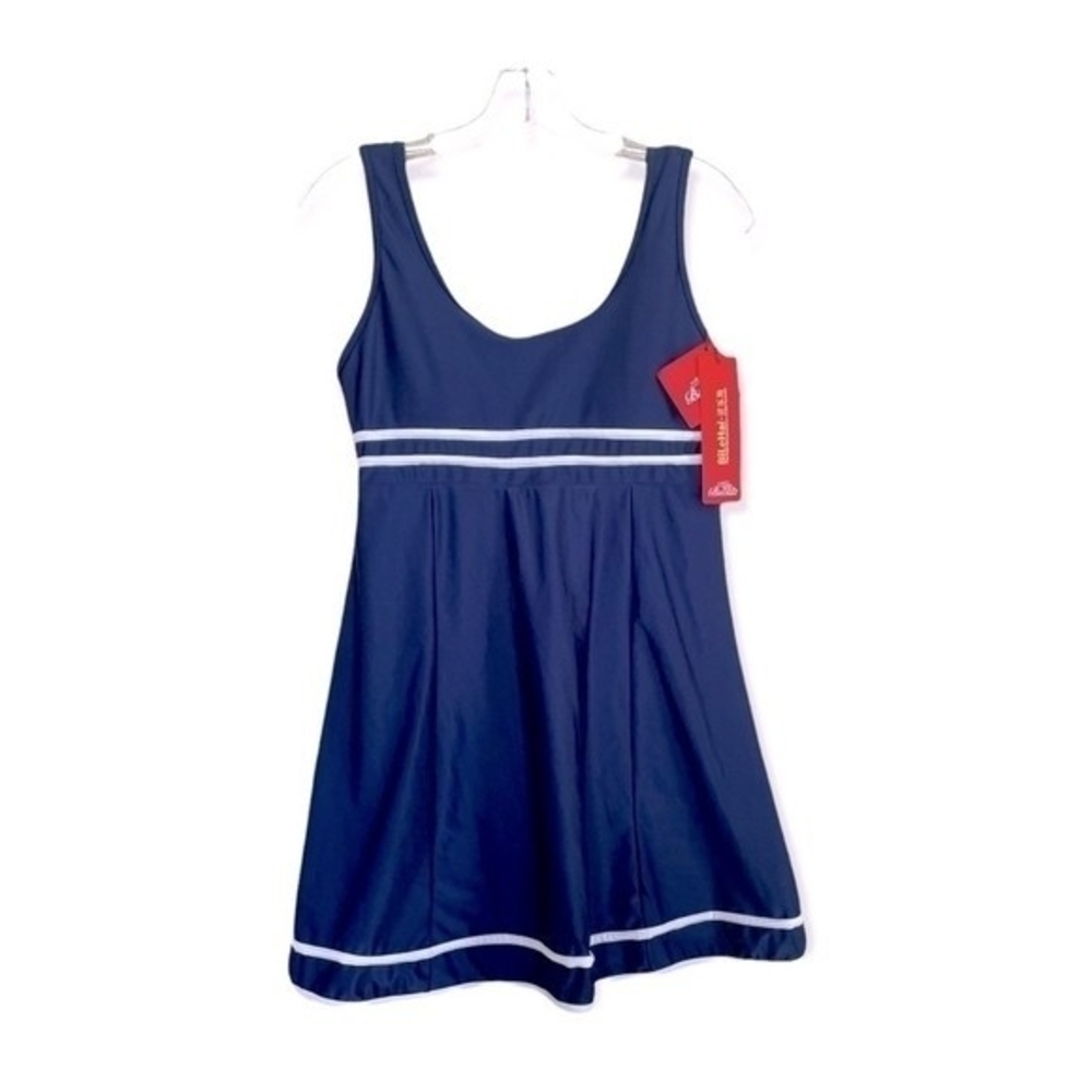 Girls Navy Blue White Striped One Piece Swimsuit Size XL Swim Dress NWT Classic